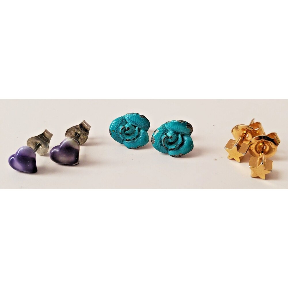 Pettite Mini Earrings 3 pairs Studs Goldtone Stars Purple Hearts Blue Roses VTG